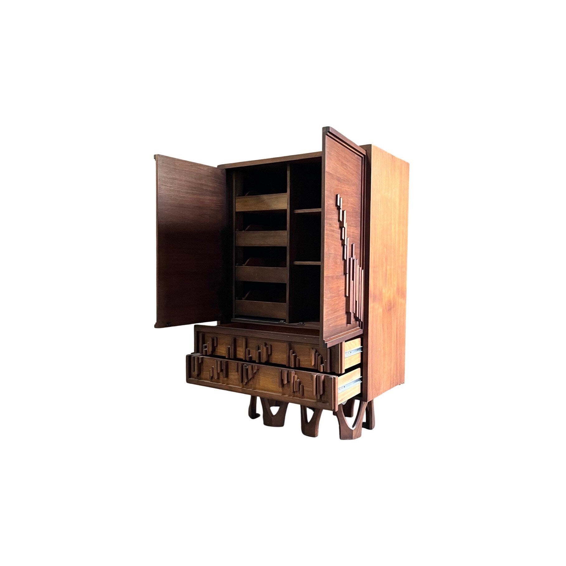 Stylish and functional mid-century armoire featuring hidden drawers and shelf spaces.