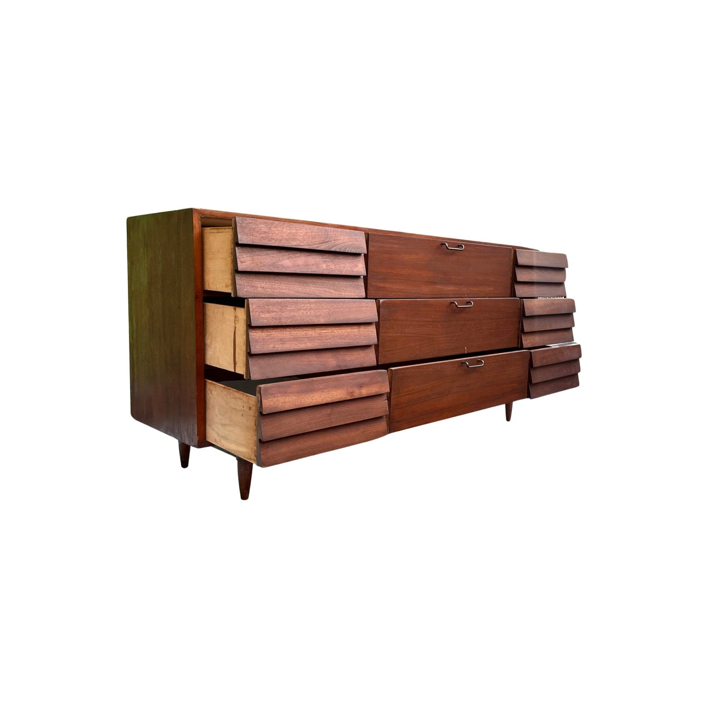 Merton Gershun 'Dania' Walnut Triple Dresser - 9 Drawer Mid Century Modern Dresser from the 1960s