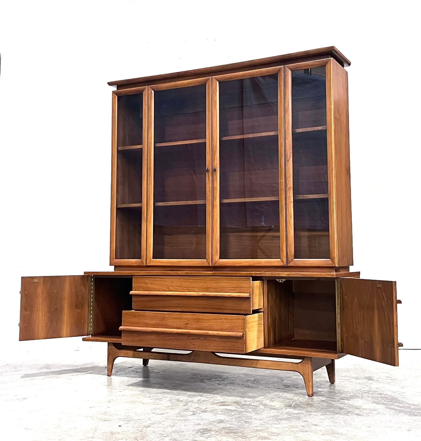 Vintage MCM China Cabinet with curved front and walnut finish