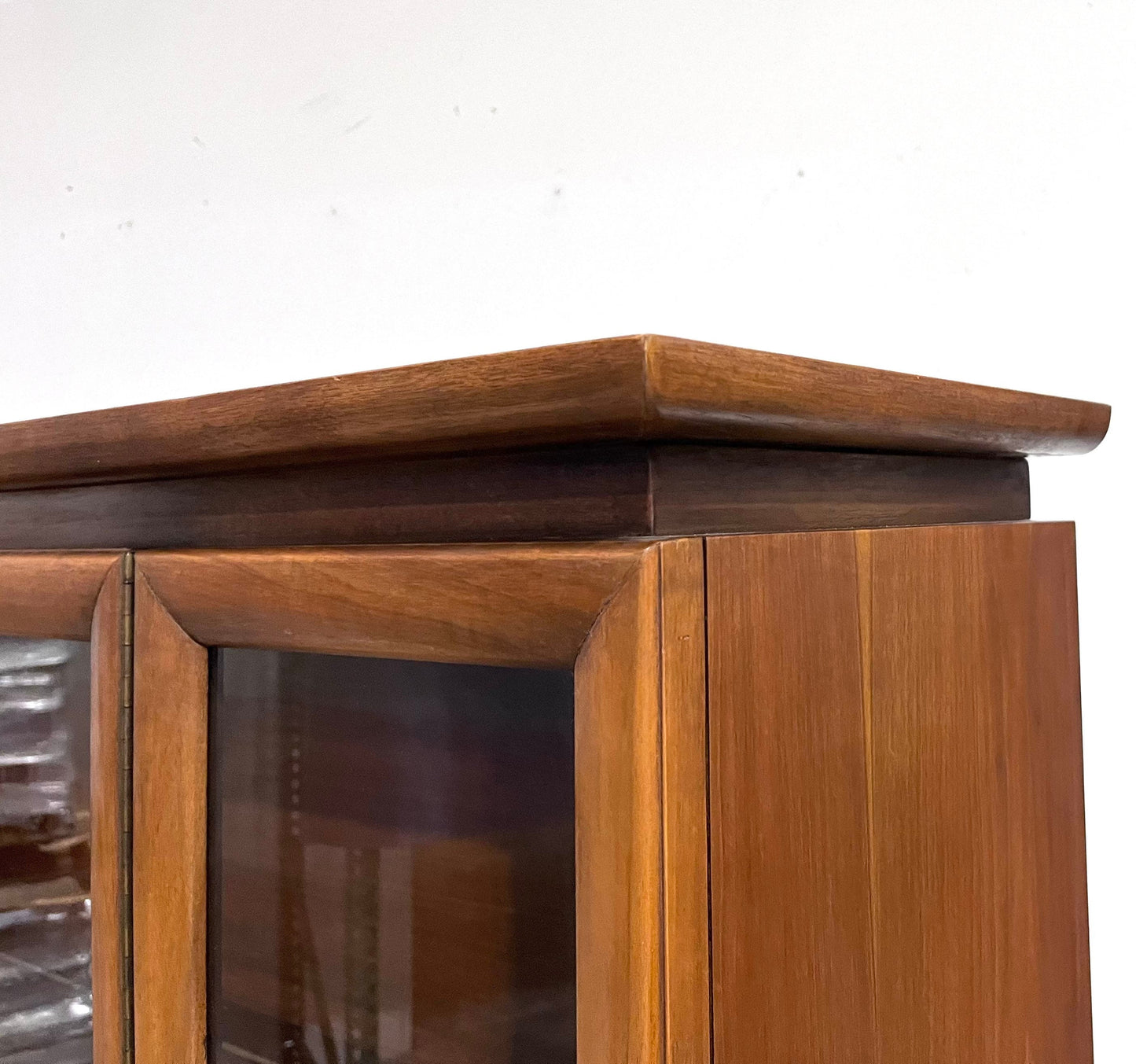 Walnut MCM china hutch with drawers and cabinets, vintage 1960s