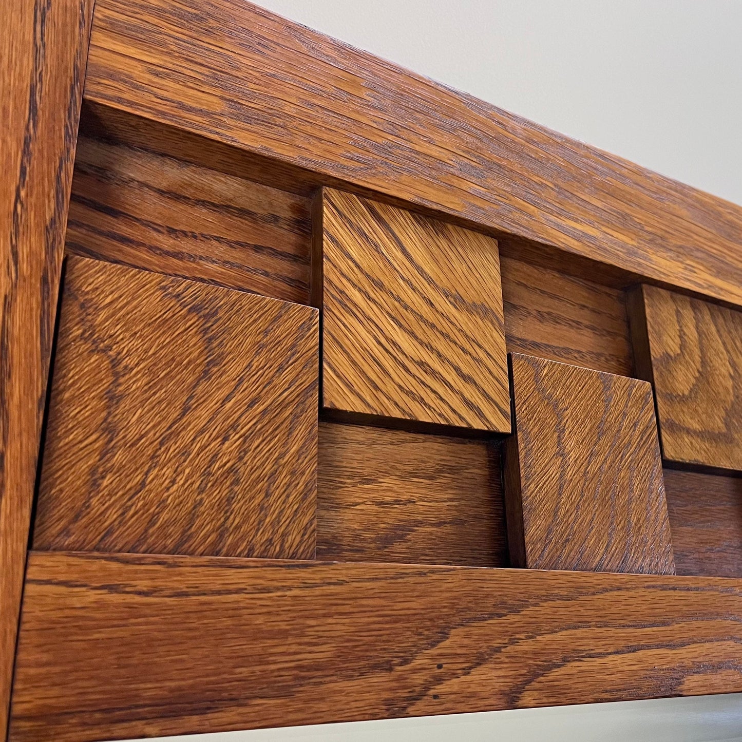 Lane Staccato Brutalist Mid Century Modern Oak Beveled Glass Mirror c. 1960s