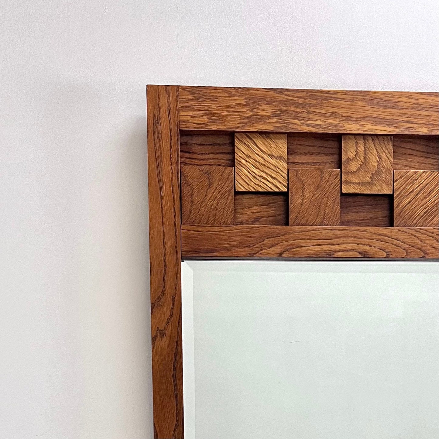 Lane Staccato Brutalist Mid Century Modern Oak Beveled Glass Mirror c. 1960s