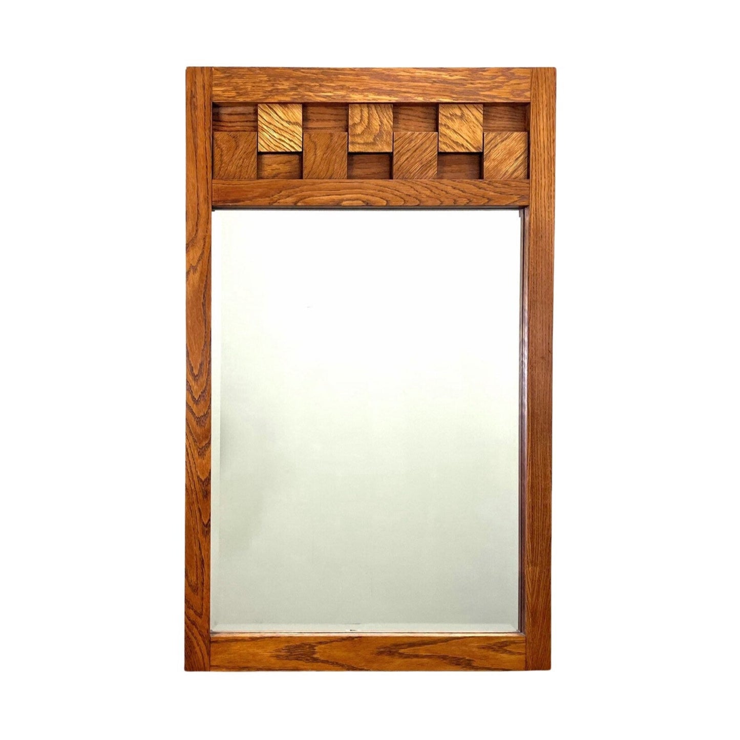Lane Staccato Brutalist Mid Century Modern Oak Beveled Glass Mirror c. 1960s