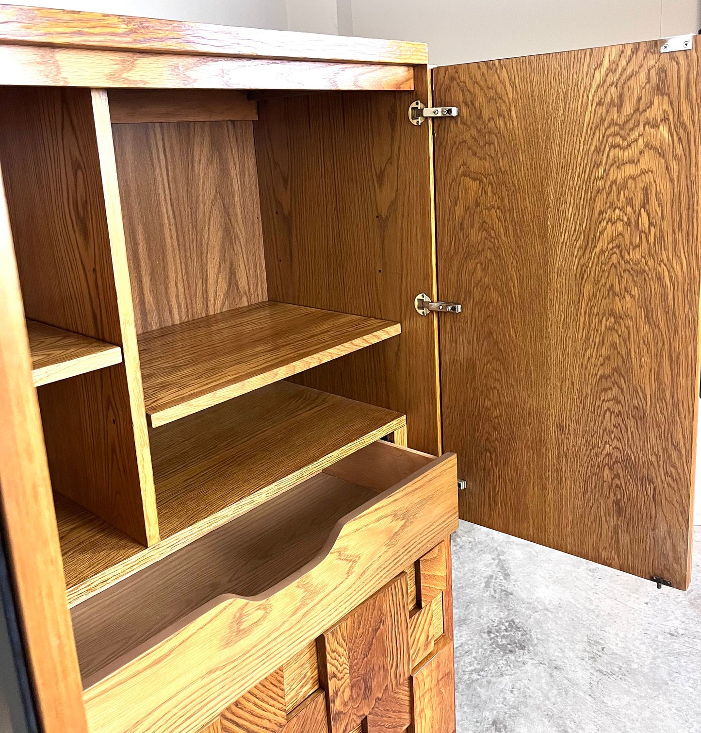 Lane Staccato Oak Brutalist Armoire Mid Century Modern Tall Dresser with Mirror Doors