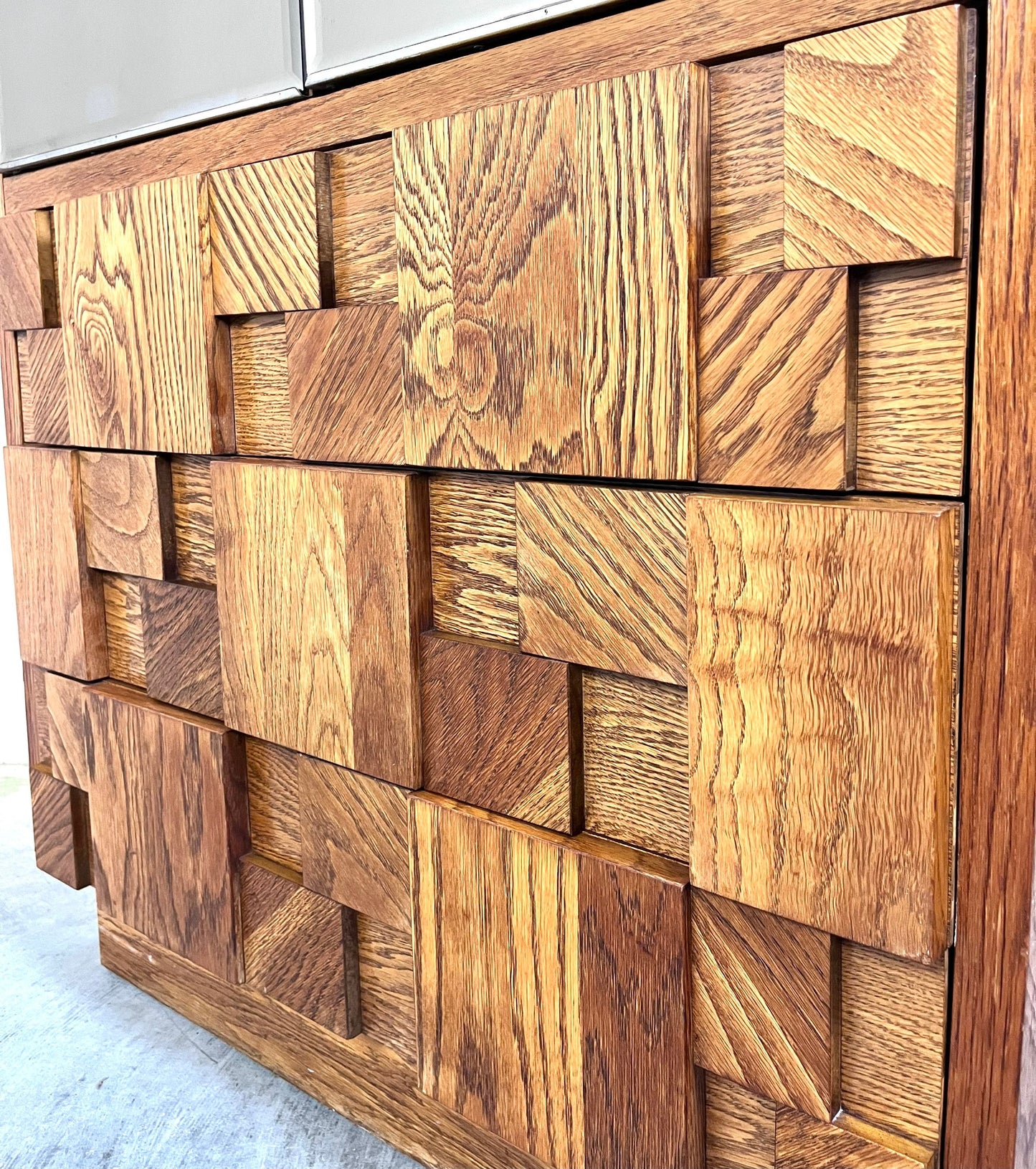 Lane Staccato Oak Brutalist Armoire Mid Century Modern Tall Dresser with Mirror Doors