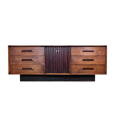 Lane “Tower Suite” Mid Century Modern Longboy 9 Drawer Walnut and R... — walnut construction, front view