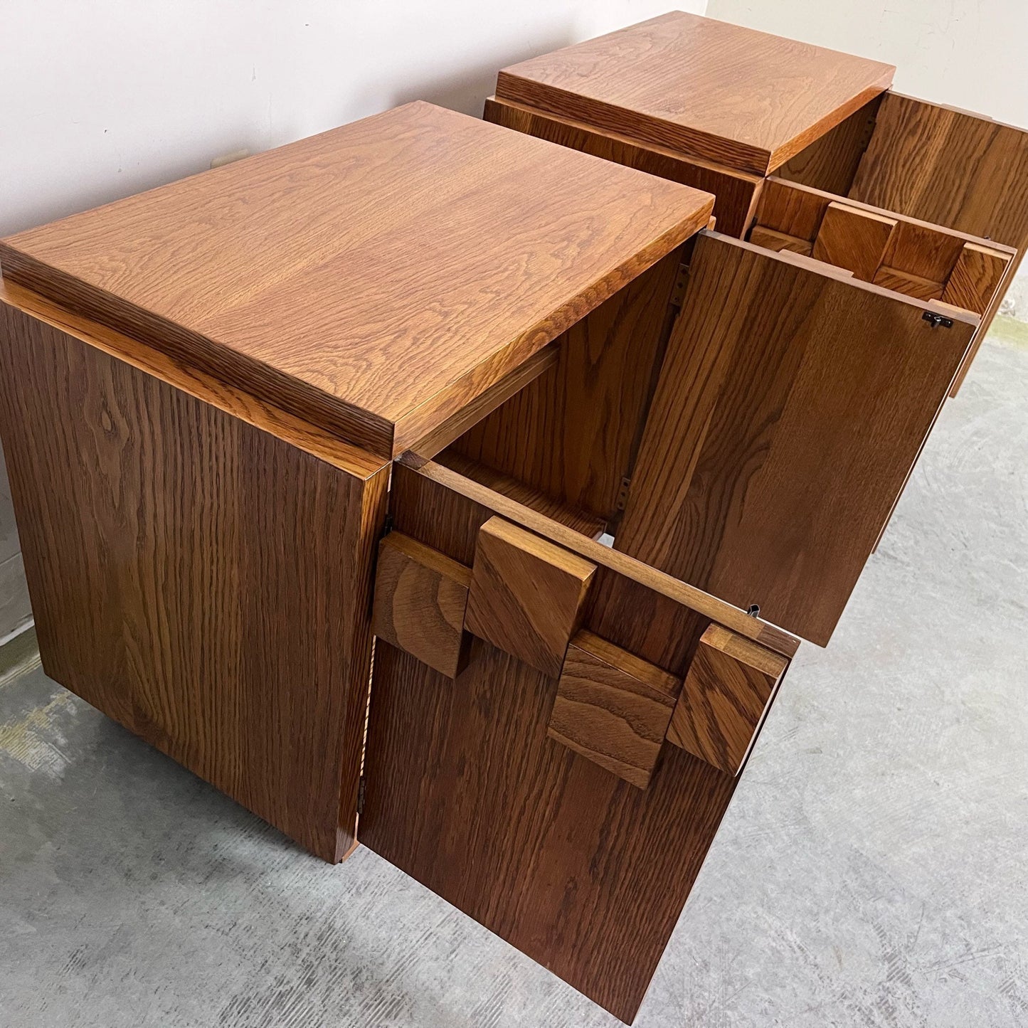 Lane Staccato Oak Mid Century Modern Brutalist Pair of Nightstands Circa 1970s