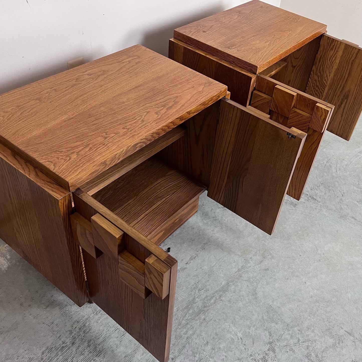 1970s Lane Furniture nightstand with oak wood doors and sleek, modern design