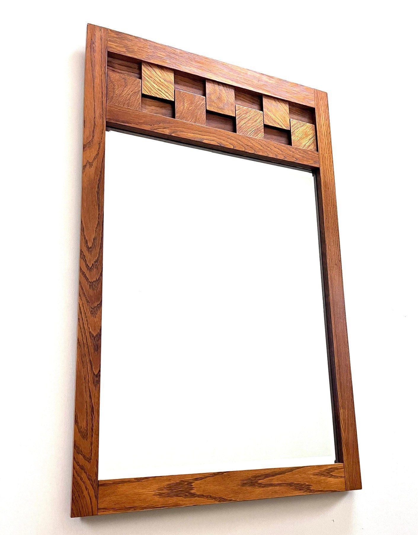 Lane Staccato Brutalist Mid Century Modern Oak Beveled Glass Mirror c. 1960s