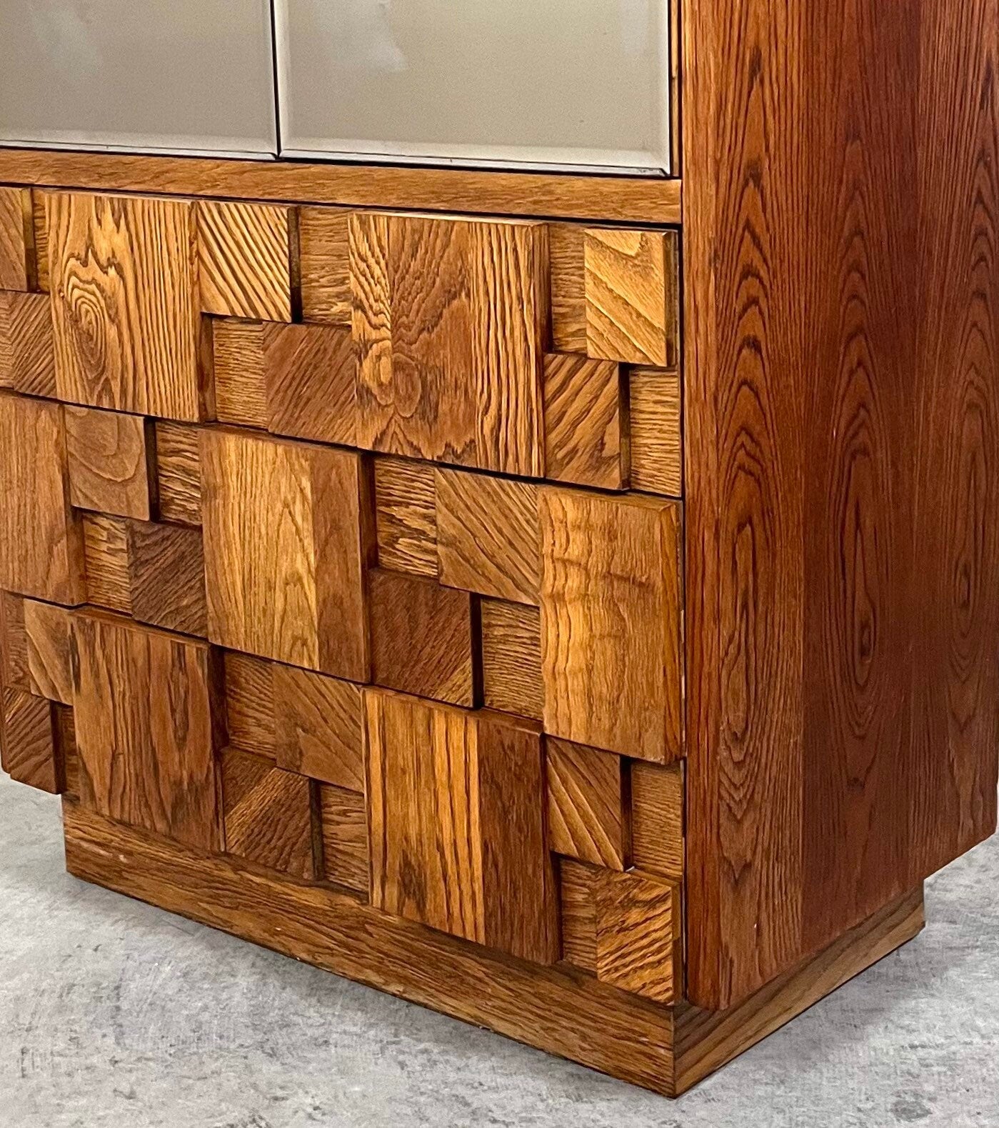Lane Staccato Oak Brutalist Armoire Mid Century Modern Tall Dresser with Mirror Doors