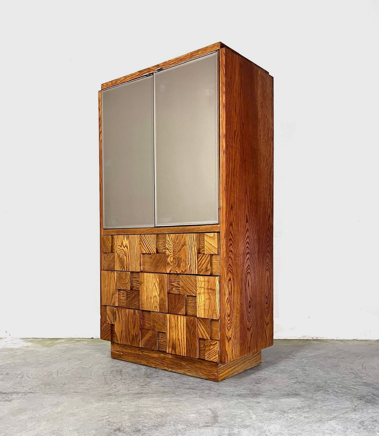 Lane Staccato Oak Brutalist Armoire Mid Century Modern Tall Dresser with Mirror Doors