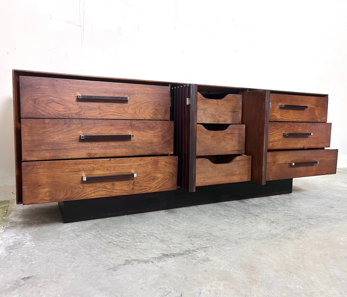 Lane “Tower Suite” Mid Century Modern Longboy 9 Drawer Walnut and Rosewood Dresser
