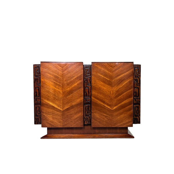 United Furniture “Tiki” Mid Century Modern Brutalist Rolling Bar Ca... — walnut construction, front view