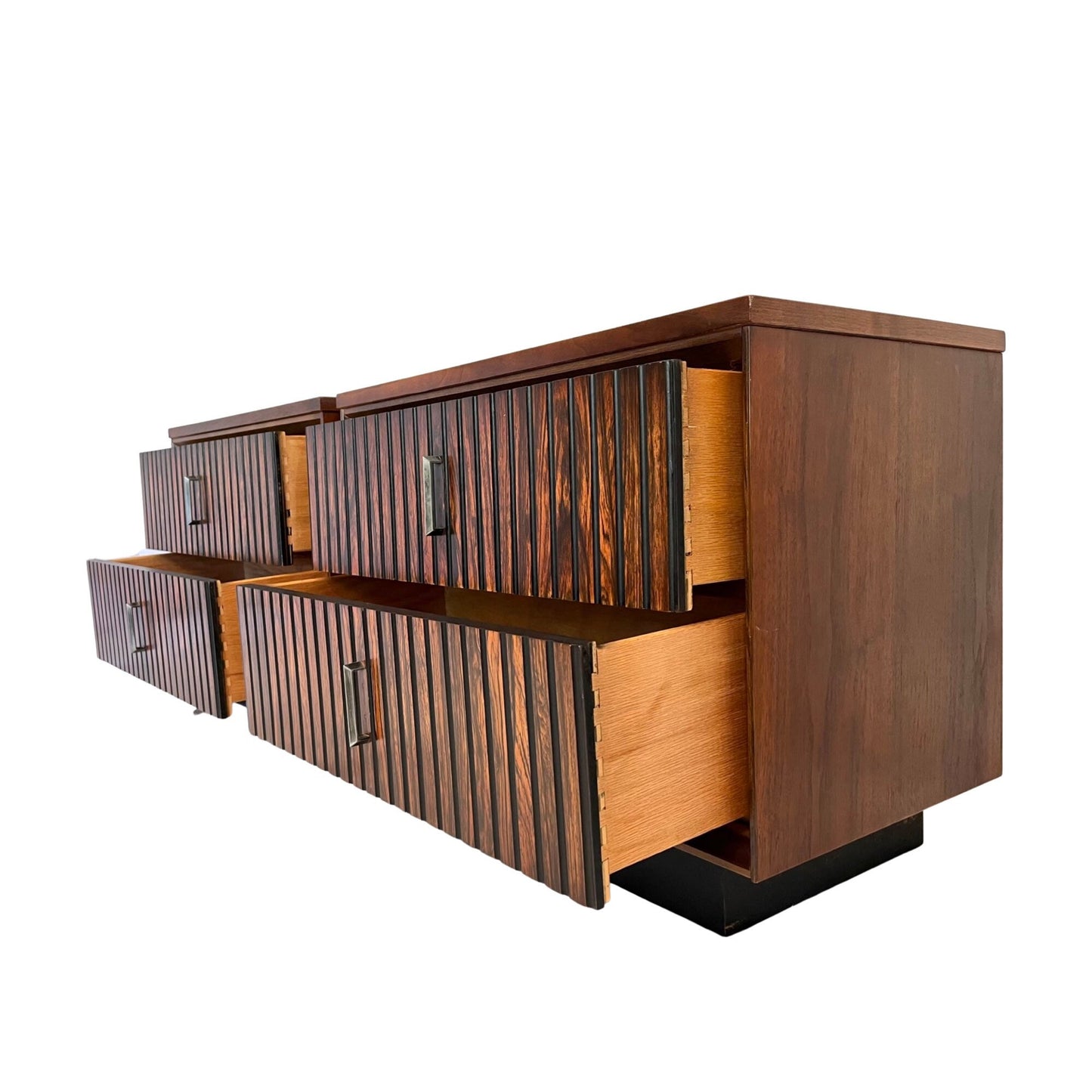 Bassett Furniture Walnut & Rosewood Mid Century Modern Brutalist Pair of Nightstands c. 1960s