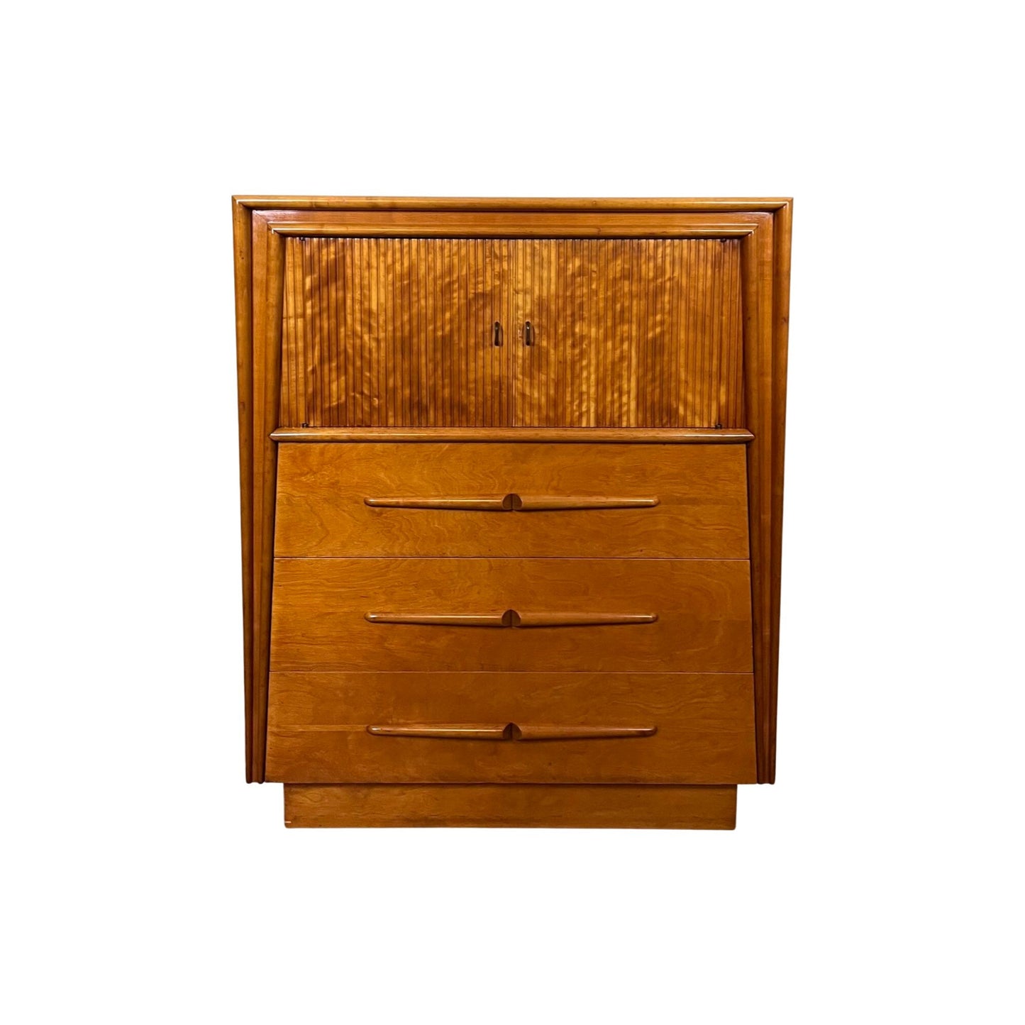 Iconic Edmond J. Spence Mid Century Modern 3 Drawer Sculpted Highboy Tall Dresser Made in Sweden c. 1950s