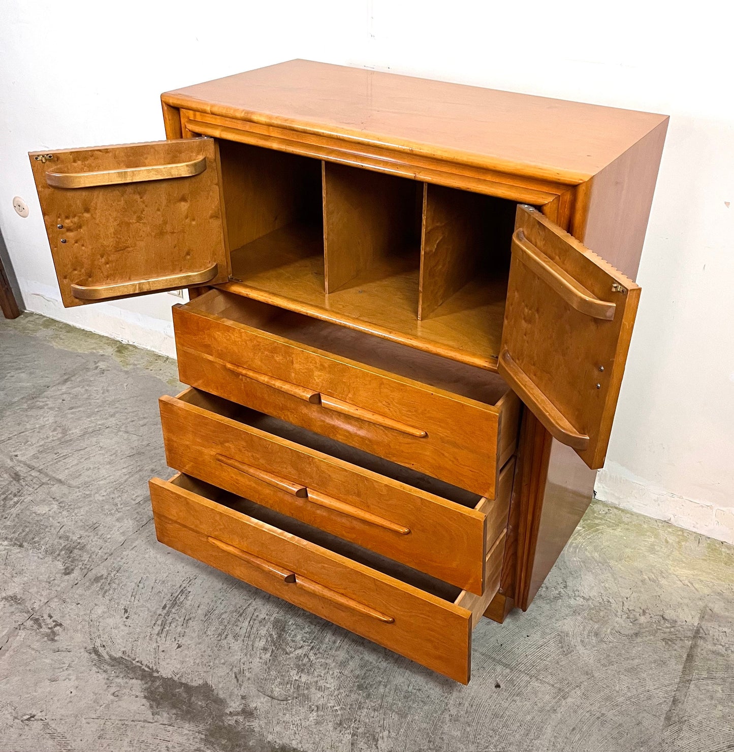 Iconic Edmond J. Spence Mid Century Modern 3 Drawer Sculpted Highboy Tall Dresser Made in Sweden c. 1950s