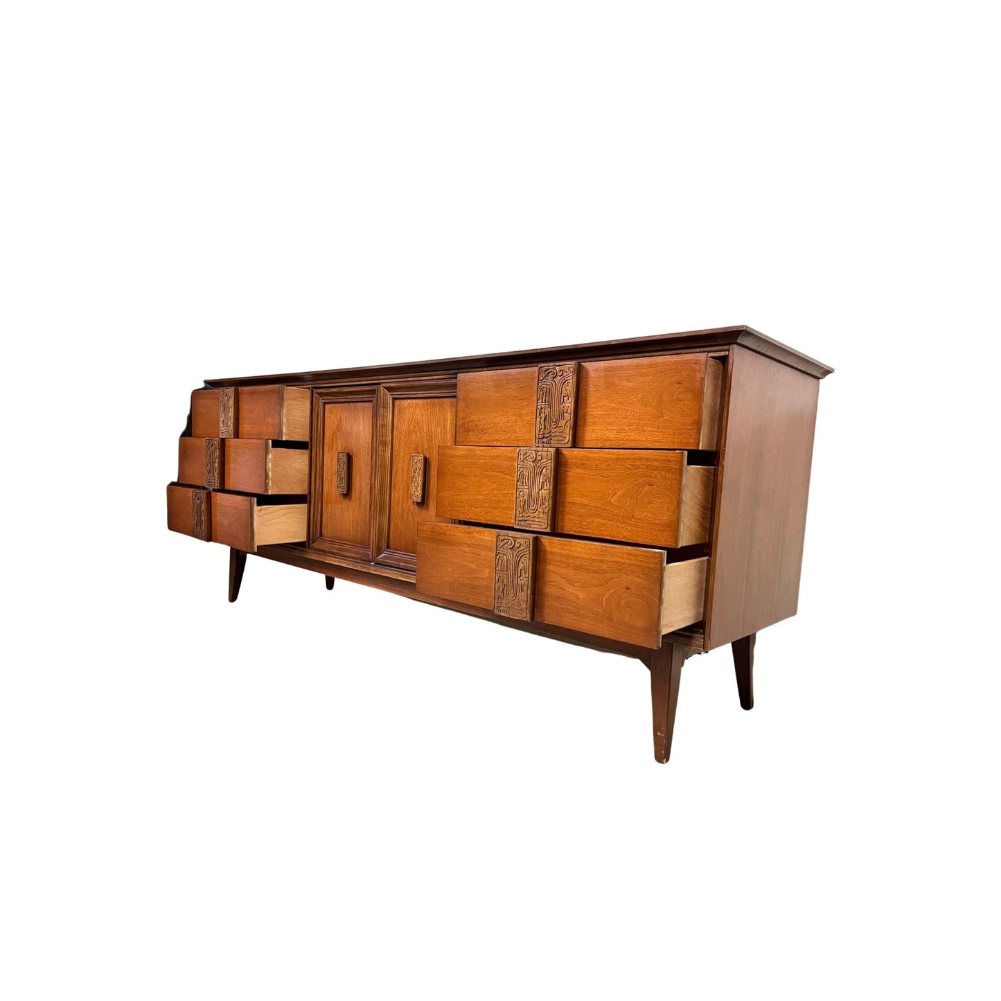 Bassett Mayan Mid Century Modern Vintage Long Lowboy Dresser c. 1960s