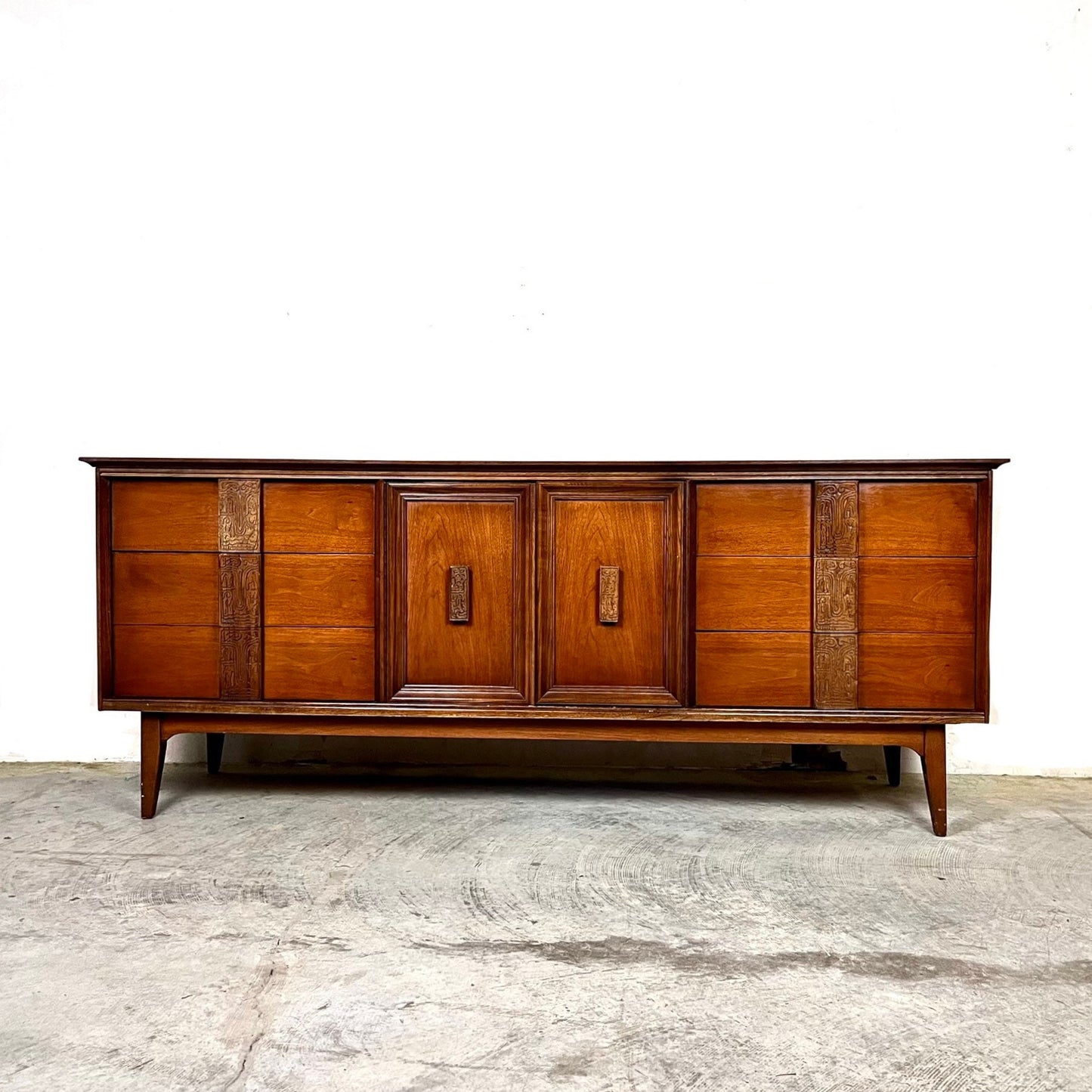 Bassett Mayan Mid Century Modern Vintage Long Lowboy Dresser c. 1960s