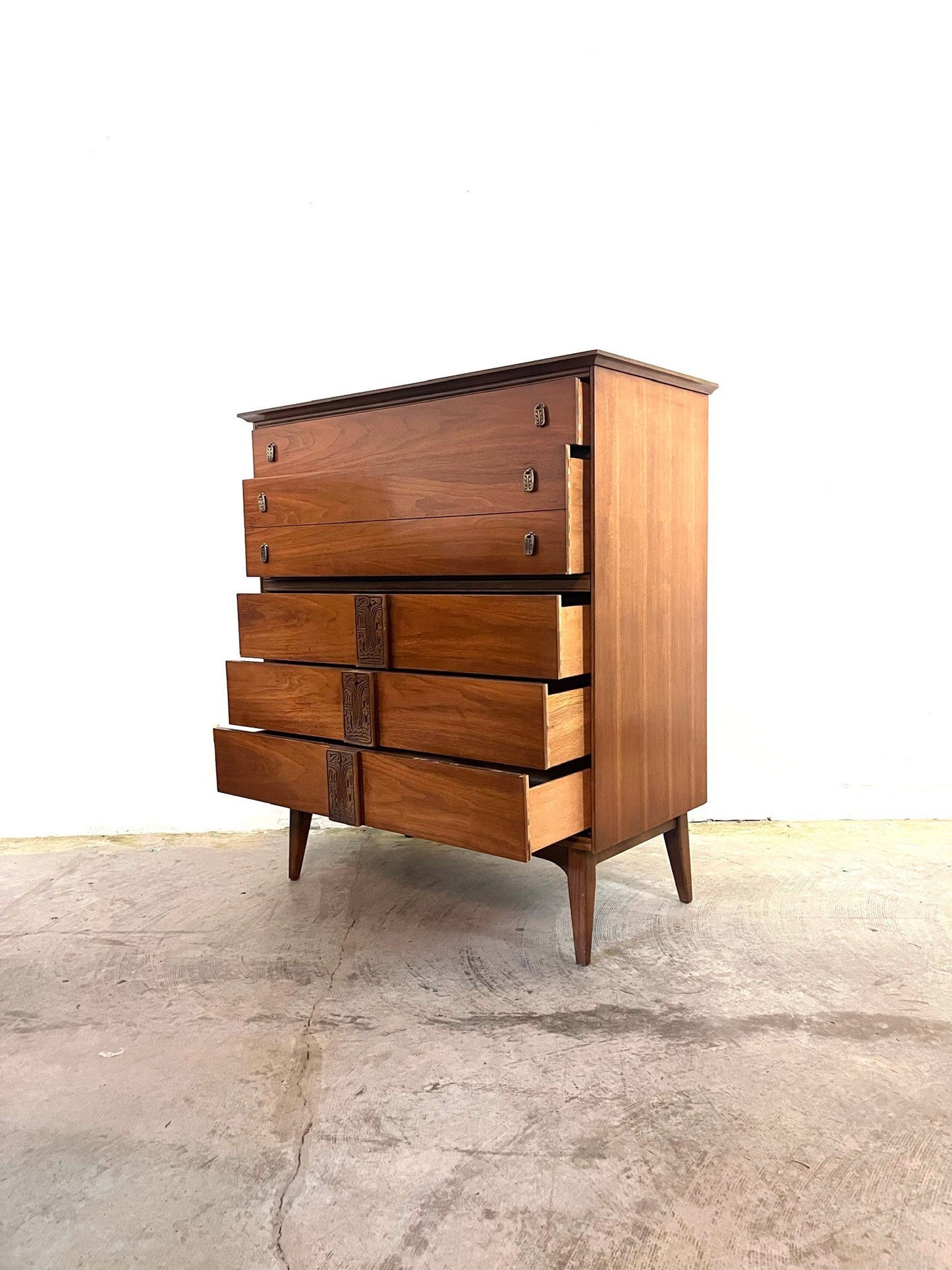 Bassett Mayan Mid Century Modern Highboy Tall Vintage Dresser c. 1960s
