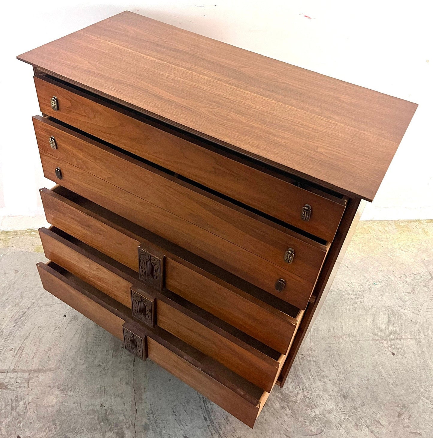 Bassett Mayan Mid Century Modern Highboy Tall Vintage Dresser c. 1960s