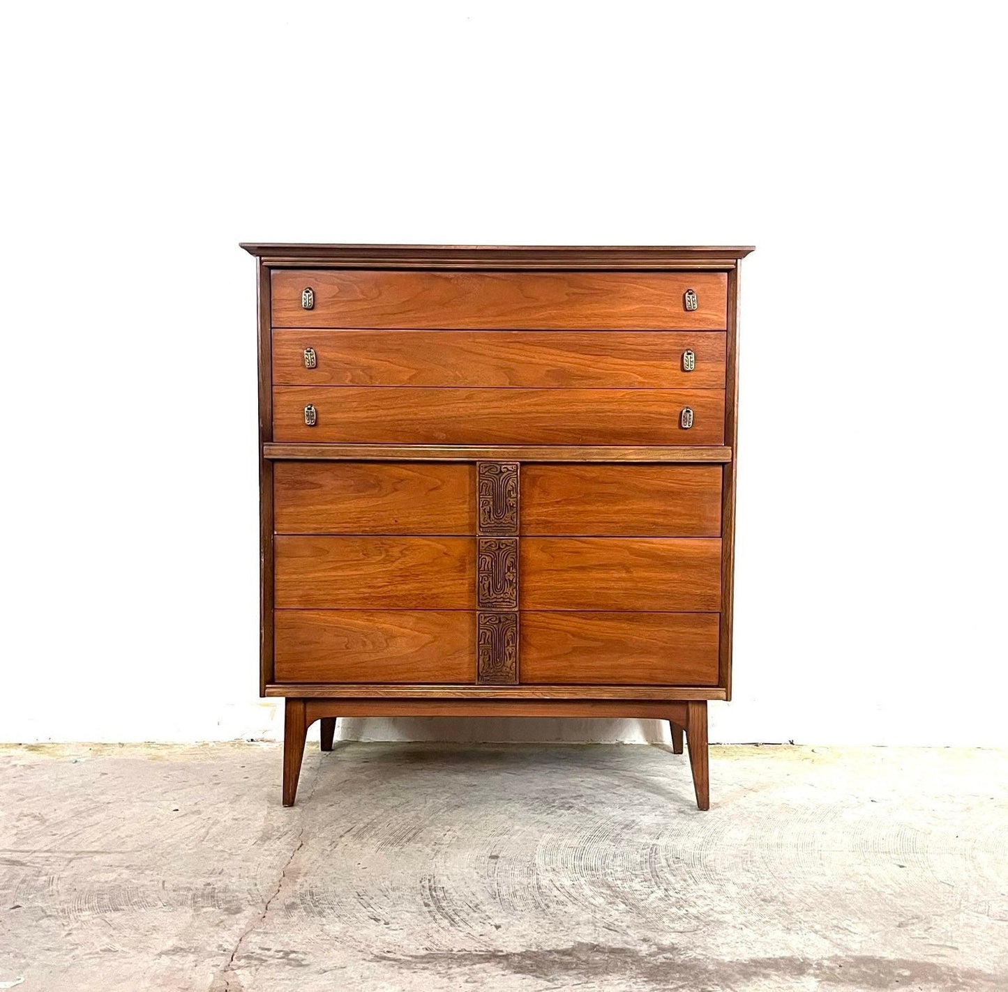 Bassett Mayan Mid Century Modern Highboy Tall Vintage Dresser c. 1960s