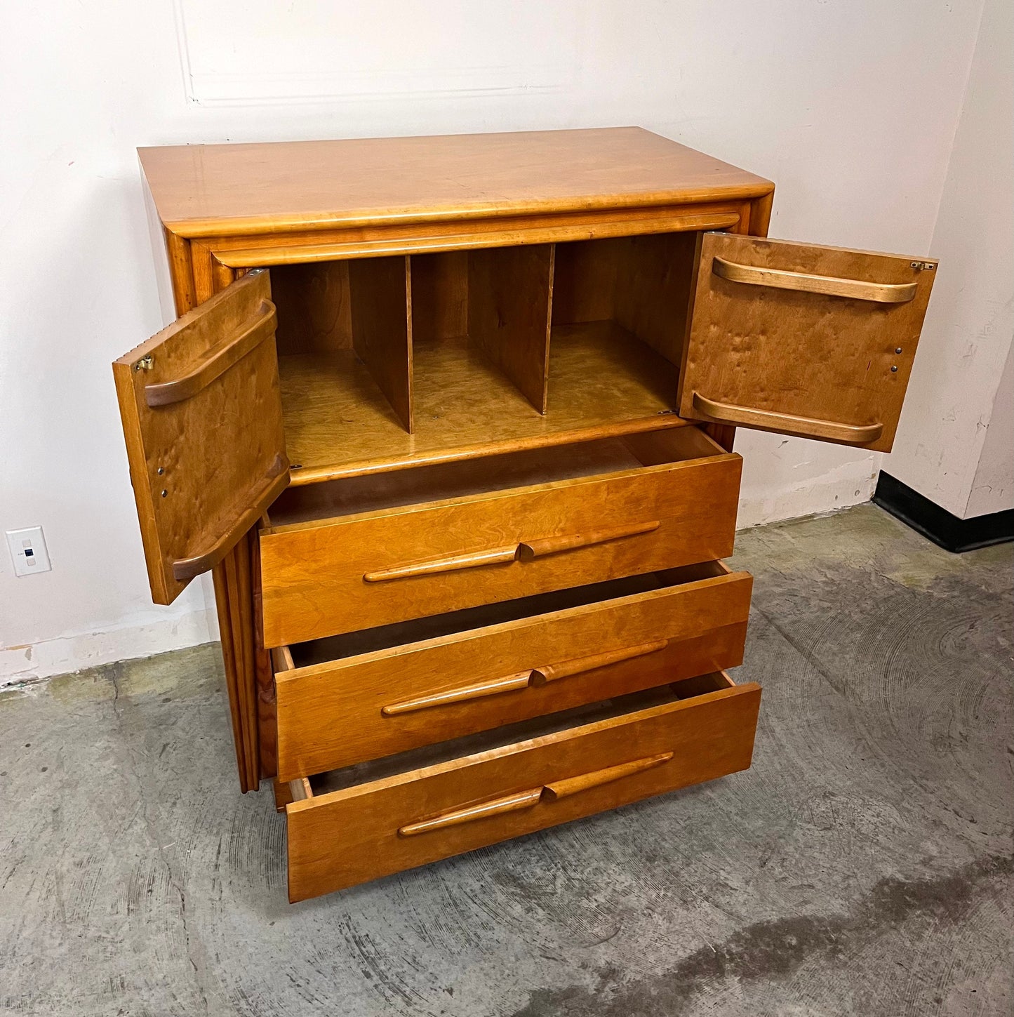 Iconic Edmond J. Spence Mid Century Modern 3 Drawer Sculpted Highboy Tall Dresser Made in Sweden c. 1950s