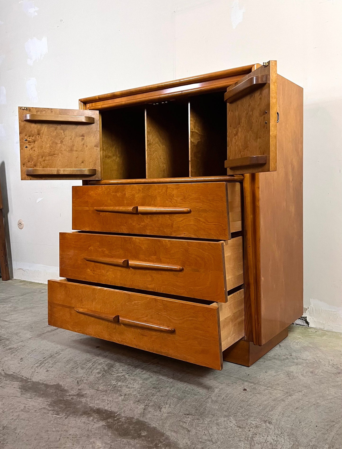 Iconic Edmond J. Spence Mid Century Modern 3 Drawer Sculpted Highboy Tall Dresser Made in Sweden c. 1950s