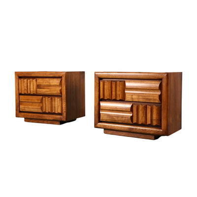 Lane Brutalist Pair of Mid Century Modern Vintage Nightstands c. 1970s — oak construction, front view