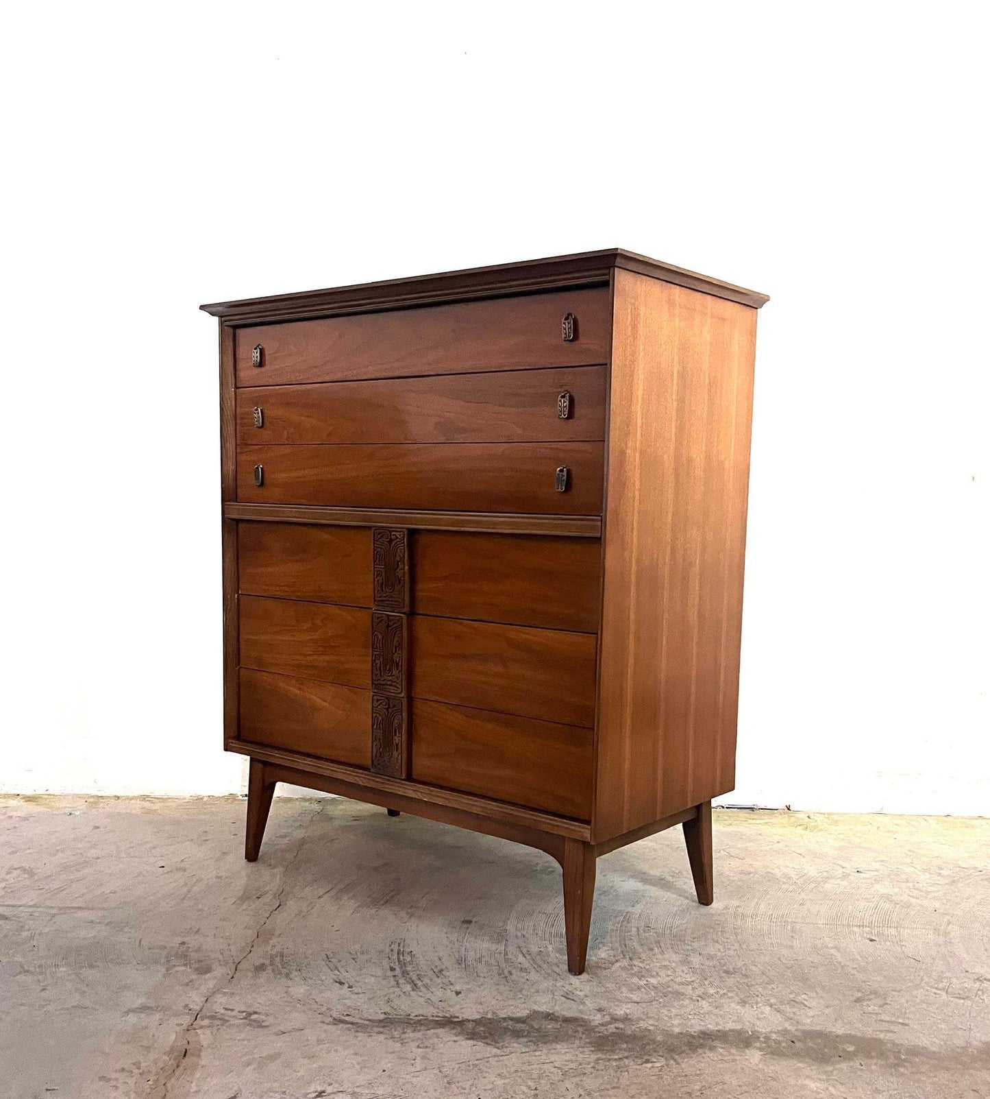 Bassett Mayan Mid Century Modern Highboy Tall Vintage Dresser c. 1960s