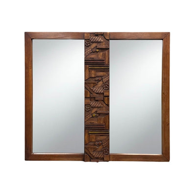 Lane “Pueblo” Mid Century Modern Vintage Brutalist Double Mirror Ce... — walnut construction, front view
