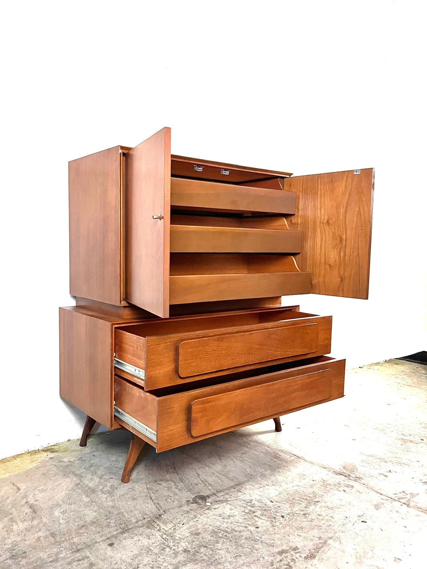 Vintage 1960s Mid Century Modern Sculpted Highboy Gentlemen’s Dresser