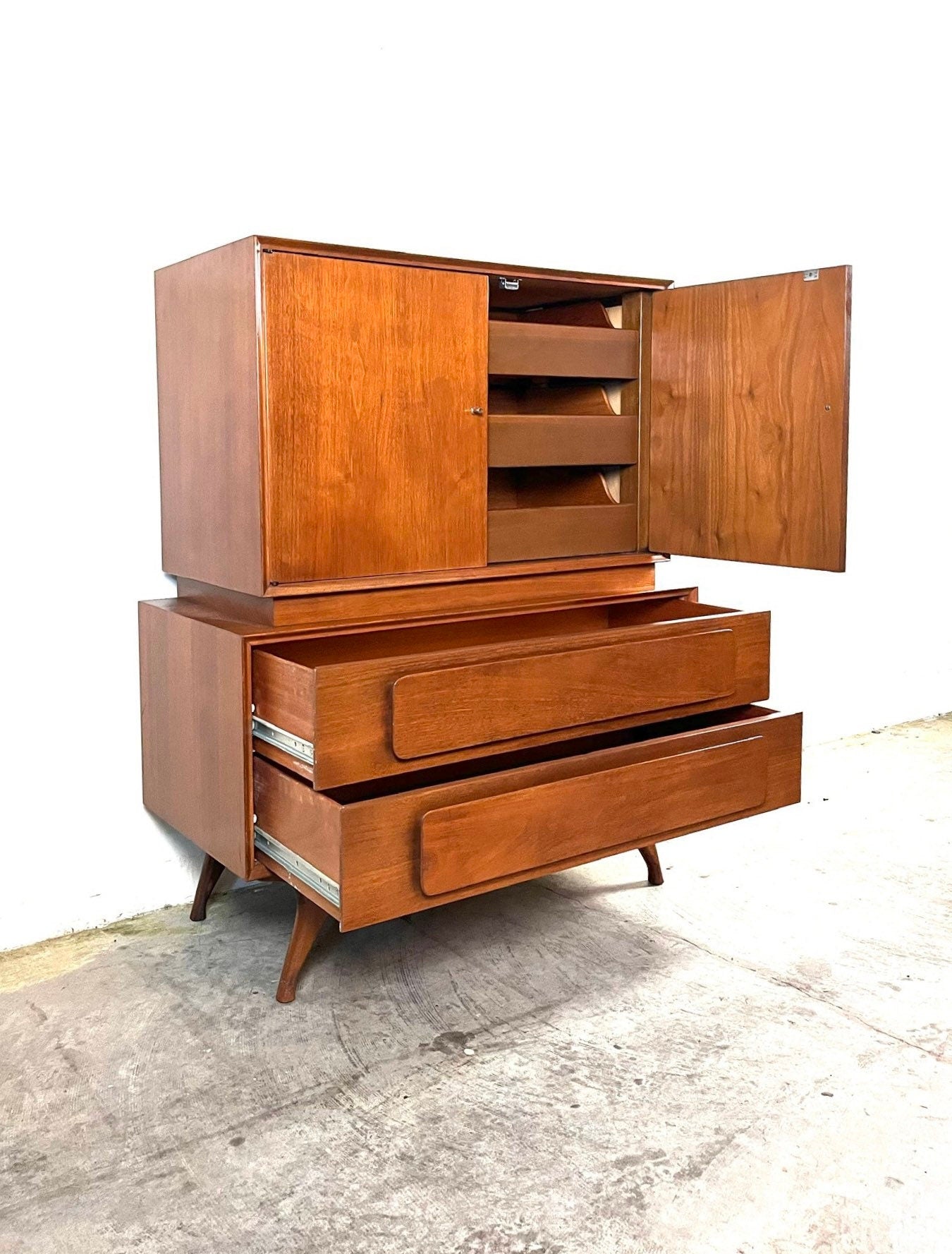 Vintage 1960s Mid Century Modern Sculpted Highboy Gentlemen’s Dresser