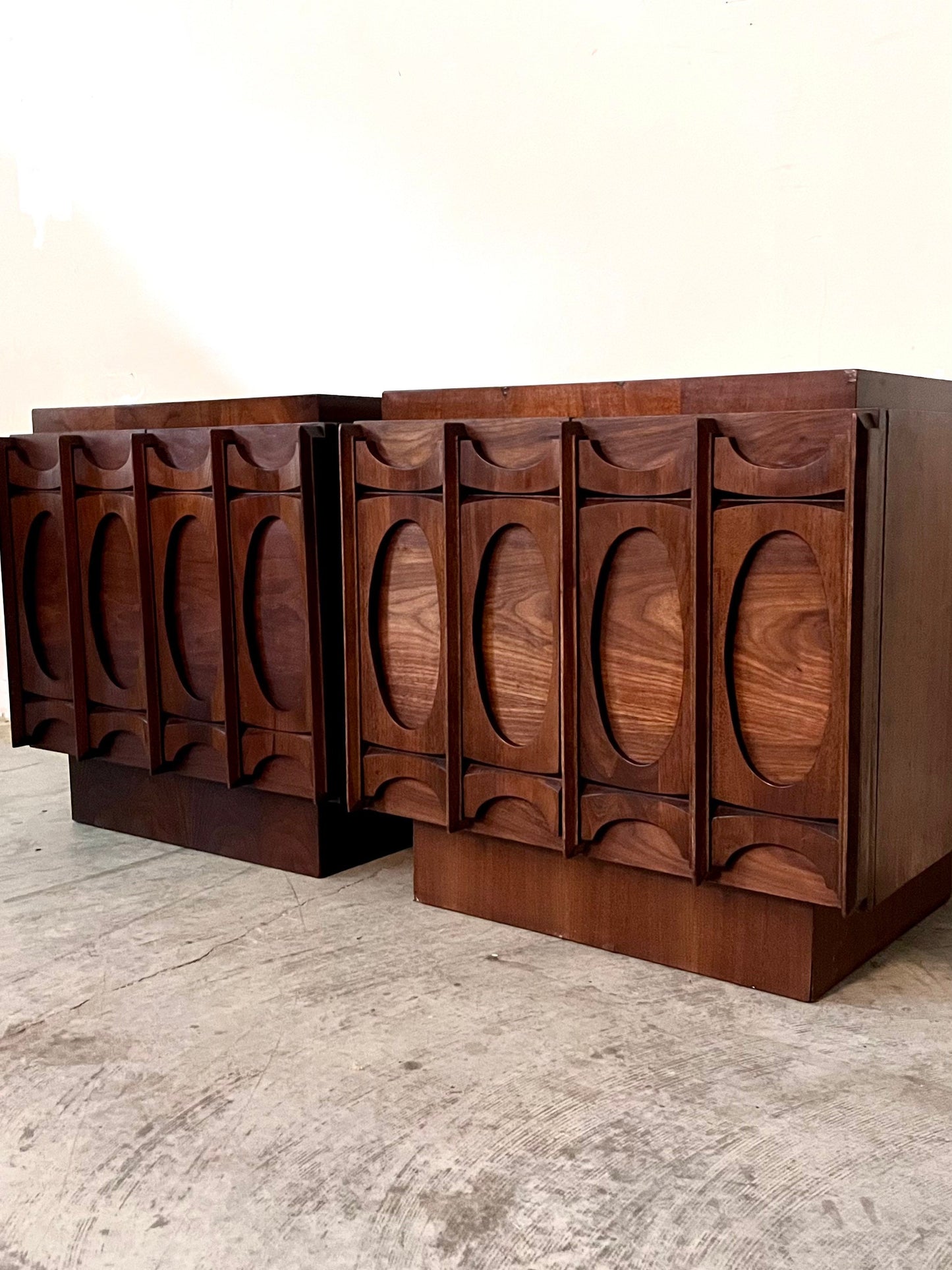 Tobago Furniture Pair of Mid Century Modern Brutalist Nightstands c. 1970s