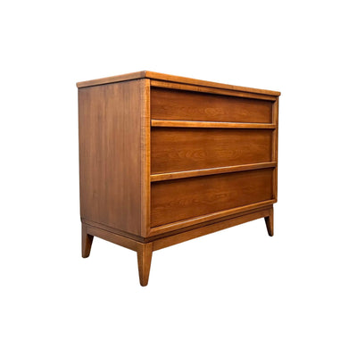 Lane Rythym Style Vintage Mid Century Modern 3 Drawer Dresser c. 1960s — Walnut construction, front view