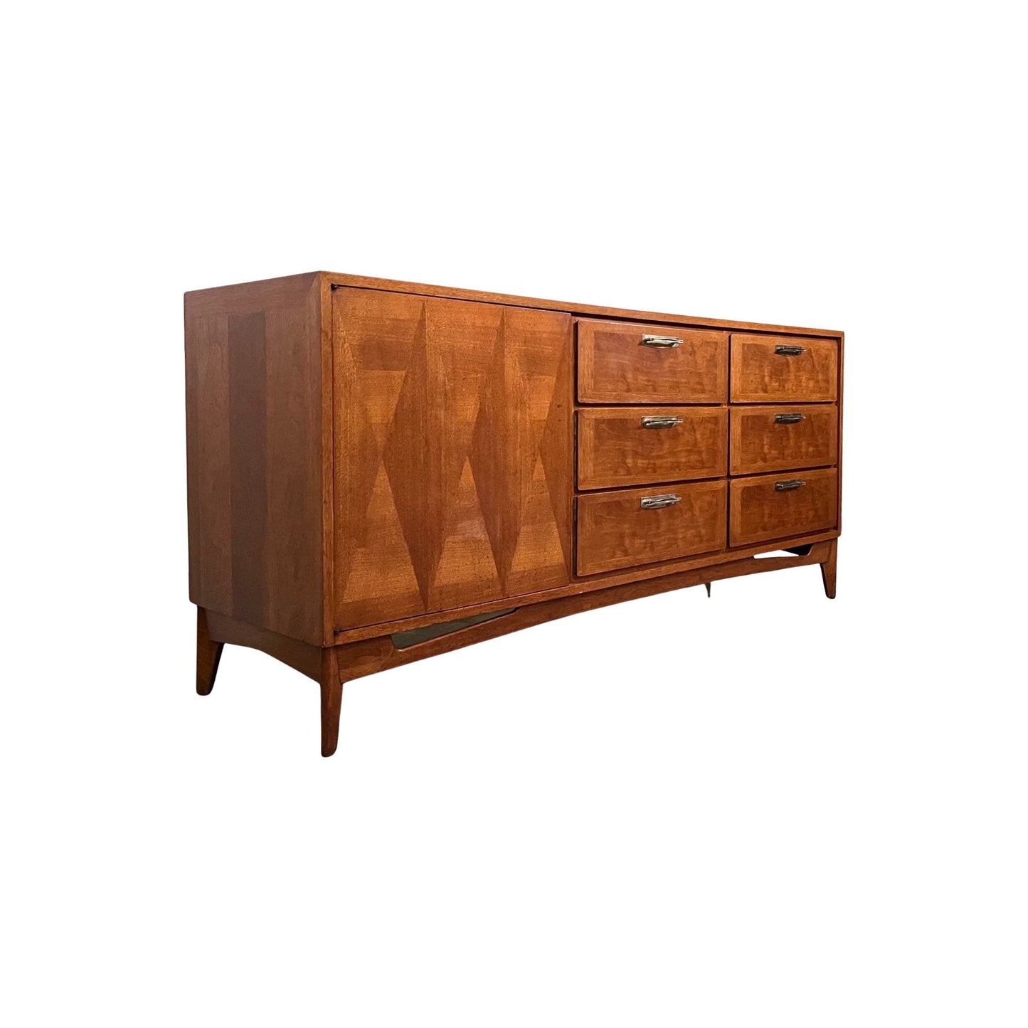 Red Lion Mid Century Modern Vintage Lowboy 9 Drawer Mahogany Parquetry Dresser c. 1950s