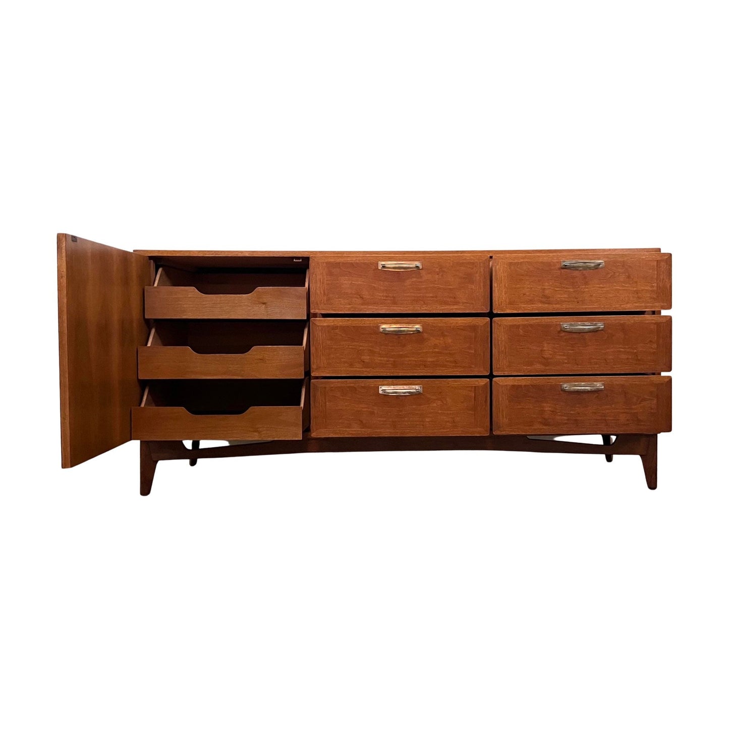 Red Lion Mid Century Modern Vintage Lowboy 9 Drawer Mahogany Parquetry Dresser c. 1950s
