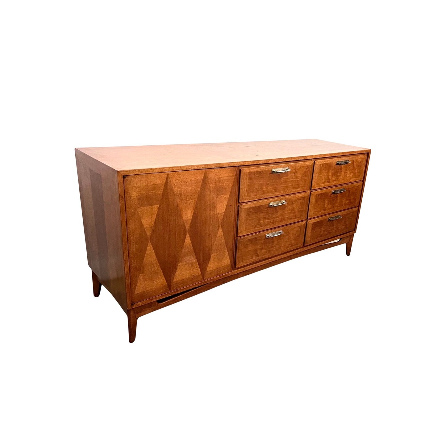 Red Lion Mid Century Modern Vintage Lowboy 9 Drawer Mahogany Parquetry Dresser c. 1950s