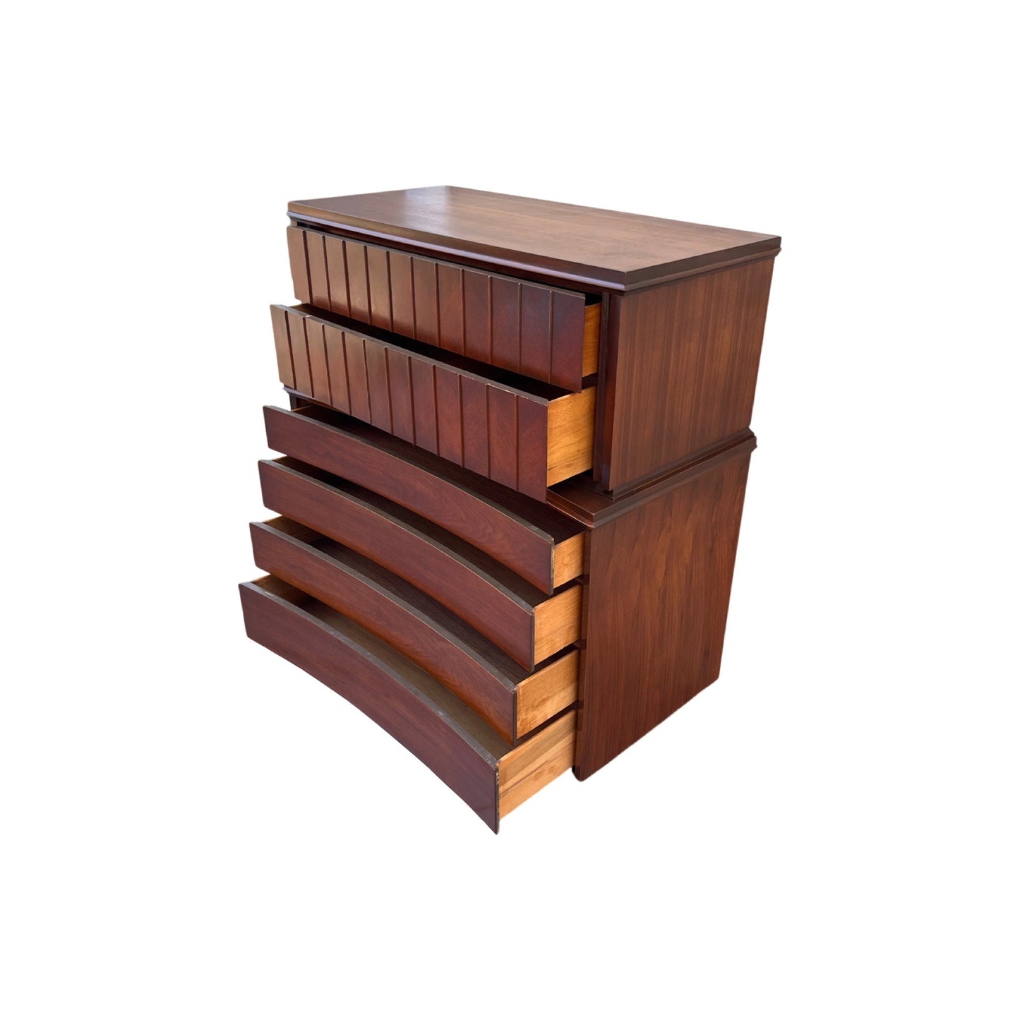 Unaugusta Mid Century Modern Vintage Concave Highboy 6 Drawer Dresser c. 1960s