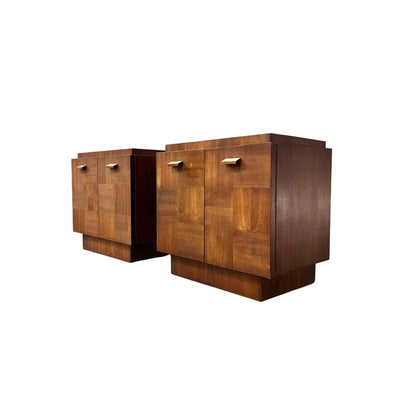 Tobago Furniture Brutalist Mid Century Modern Pair of Nightstands — walnut construction, front view