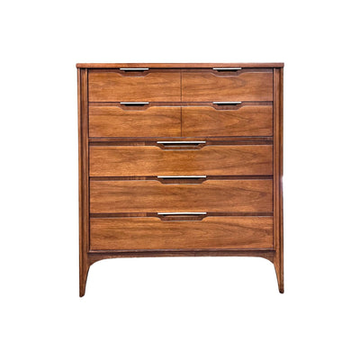 Kent Coffey Impact Highboy 5 Drawer Dresser Mid Century Modern — brass construction, front view