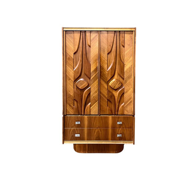 Tobago Furniture Vintage Mid Century Modern Brutalist Armoire c. 1970s — walnut construction, front view