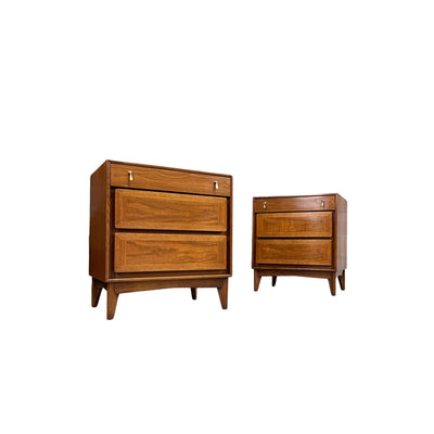 Red Lion Co. Vintage Mid Century Modern Pair of Nightstands c. 1960s — walnut construction, front view