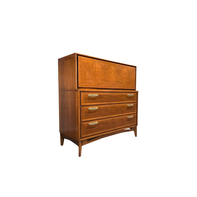Red Lion Furniture Co. Vintage Mid Century Modern Highboy Dresser c... — brass construction, front view