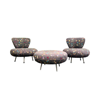 Carsons Vintage Space Age Atomic Swivel Lounge Chair Pair and Ottoman — chrome construction, front view