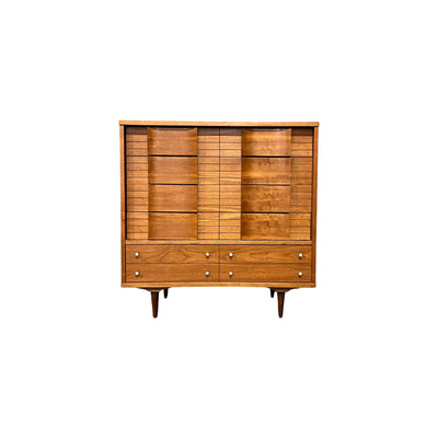 Johnson Carper Mid Century Modern Vintage Highboy Dresser c. 1960s — walnut construction, front view