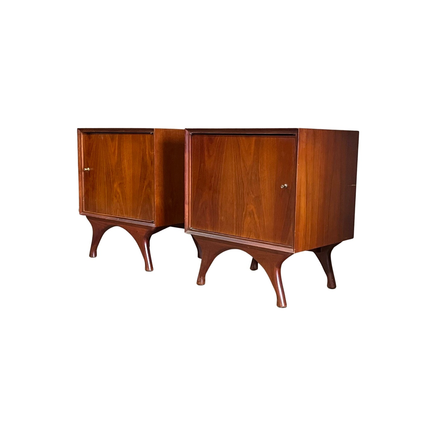 Brass Knob Detail on this pair of Vladimir Kagan Style Mid Century modern pair of nightstands for Added Elegance