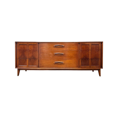 Red Lion Vintage Mid Century Modern Walnut & Burl Lowboy Dresser c.... — walnut construction, front view