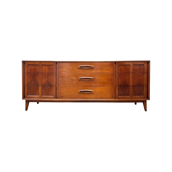 Red Lion Vintage Mid Century Modern Walnut & Burl Lowboy Dresser c.... — walnut construction, front view