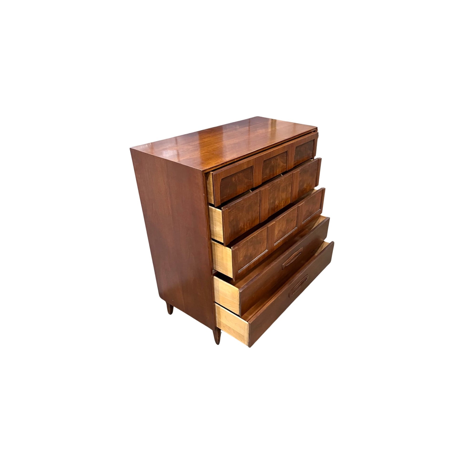 Captivating Burl Wood Inlay on Upper Drawers - Highboy Dresser from the 1960s by Red Lion Furniture Co.