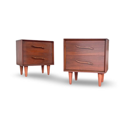 Unagusta Pair of Vintage Mid Century Modern Nightstands c. 1960s — walnut construction, front view